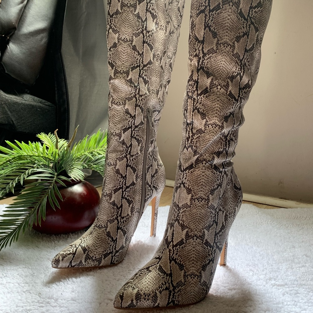 Jessica Simpson Snake Print Over-the-Knee Stiletto Boots in Beige and Black